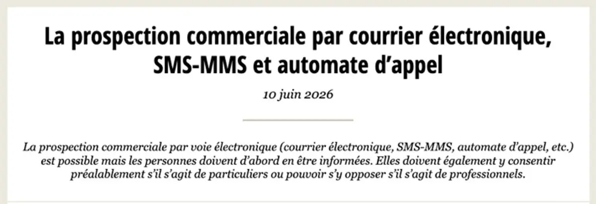 Pagina della CNIL, l'autorità francese per la protezione dei dati, sulla prospezione via email, aggiornata a giugno 2026