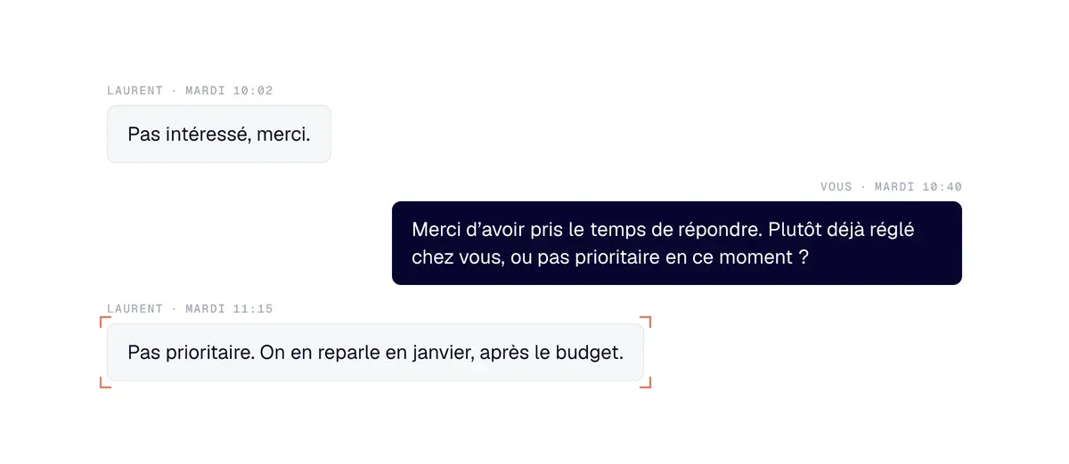 Après un « pas intéressé », le commercial remercie et pose une question simple ; le prospect répond : pas prioritaire