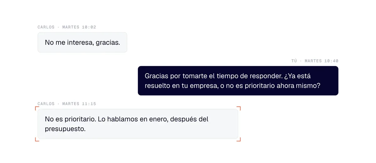 Tras un «no me interesa», el comercial agradece y hace una pregunta sencilla; el prospecto dice que no es prioritario
