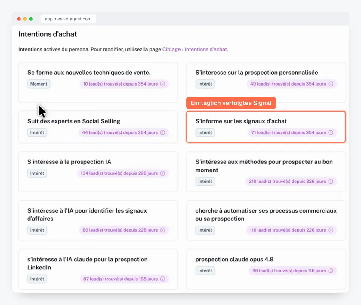Screenshot der MeetMagnet-App: die verfolgten Kaufabsichten, mit der Zahl der gefundenen Interessenten je Absicht
