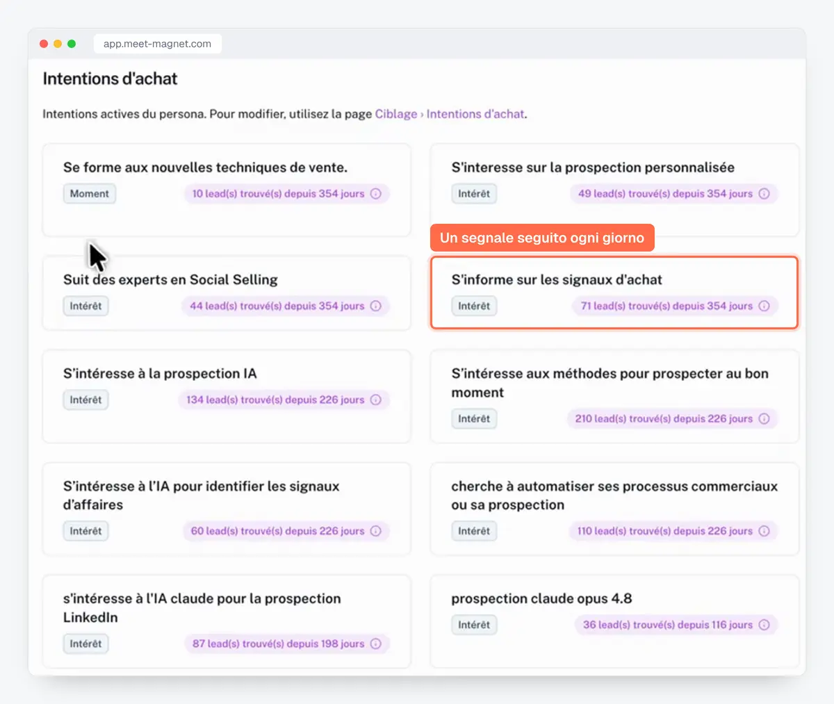 Screenshot dell'app MeetMagnet: le intenzioni d'acquisto seguite, con il numero di prospect trovati per ciascuna