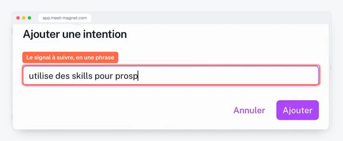Capture de l'app MeetMagnet : ajouter une intention d'achat à suivre, décrite en une phrase