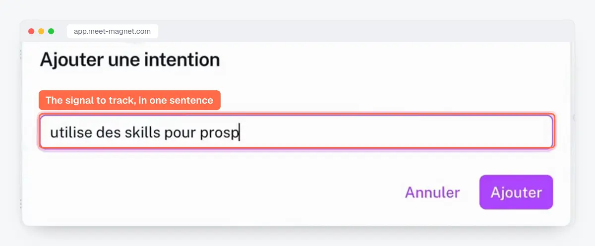 MeetMagnet app screenshot: adding a buying intent to track, described in one sentence