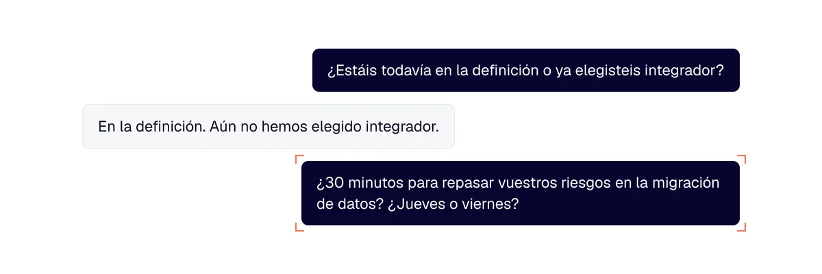 Ejemplo de intercambio con un prospecto que cambia de ERP: su respuesta sobre la etapa y luego un horario propuesto
