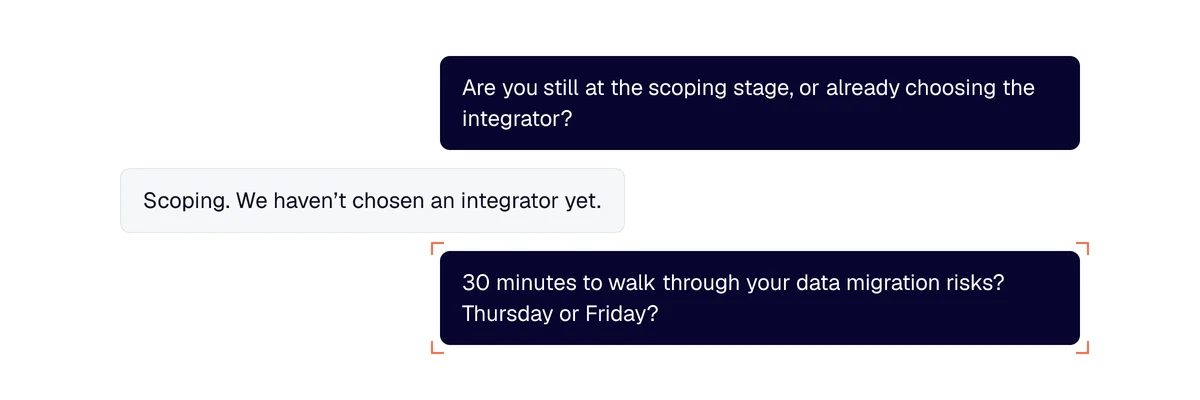 Example exchange with a prospect changing ERP: their reply on the project stage, then a proposed time slot