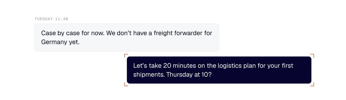International expansion: the owner replies shipments go case by case, a 20-minute talk on transport is offered