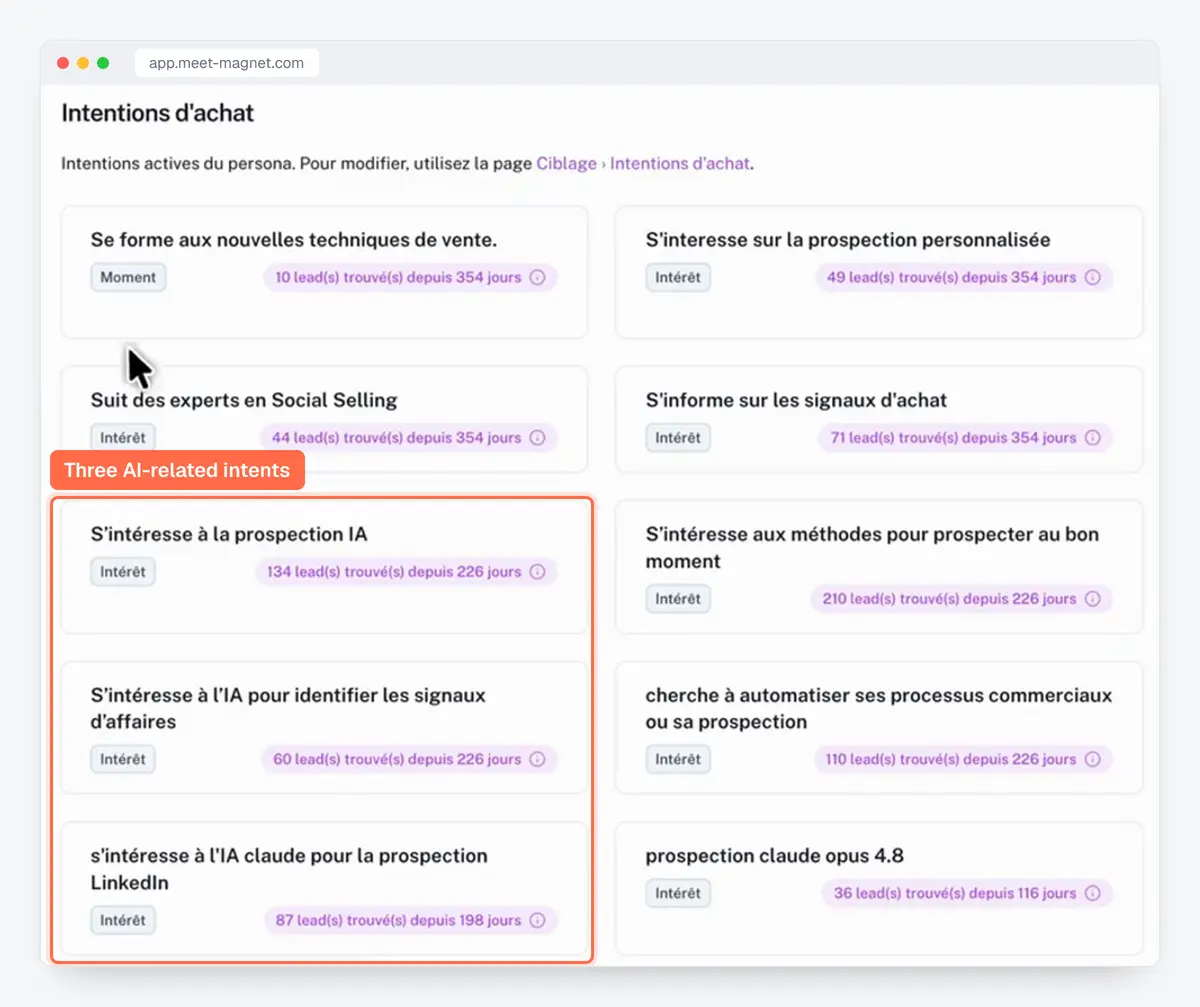 Screenshot of the MeetMagnet app (in French): list of tracked buying intents, three of them about AI