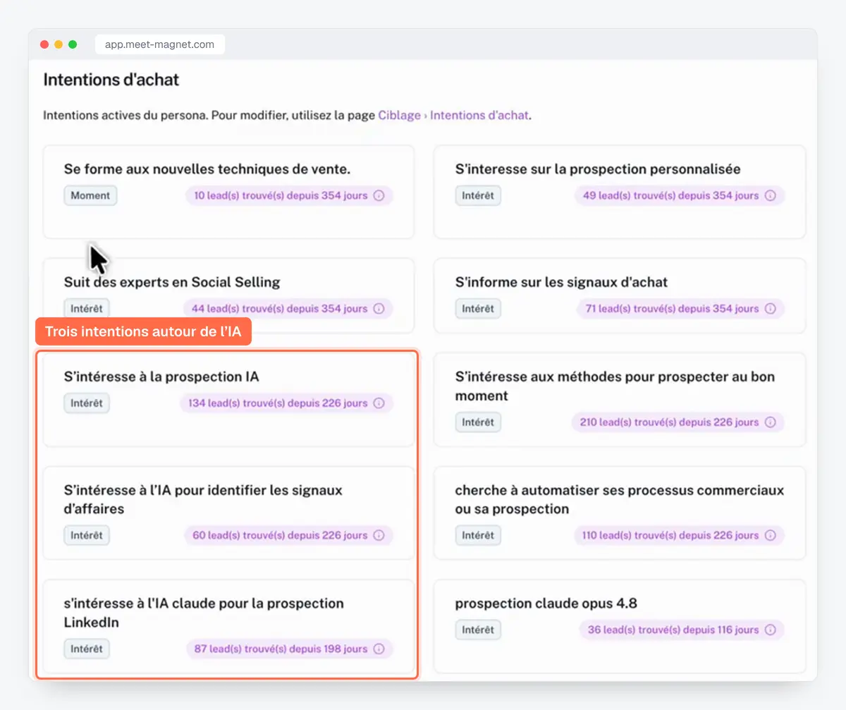 Capture de l'app MeetMagnet : liste des intentions d'achat suivies, dont trois autour de l'IA