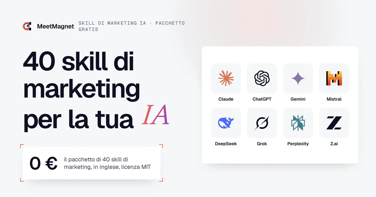 Skill di marketing con l'IA: 40 skill gratuite per Claude, ChatGPT, Gemini, Mistral e altri assistenti IA