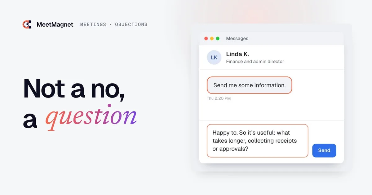 Example message thread: a prospect writes "Send me some information" and a reply ending with a question is being written