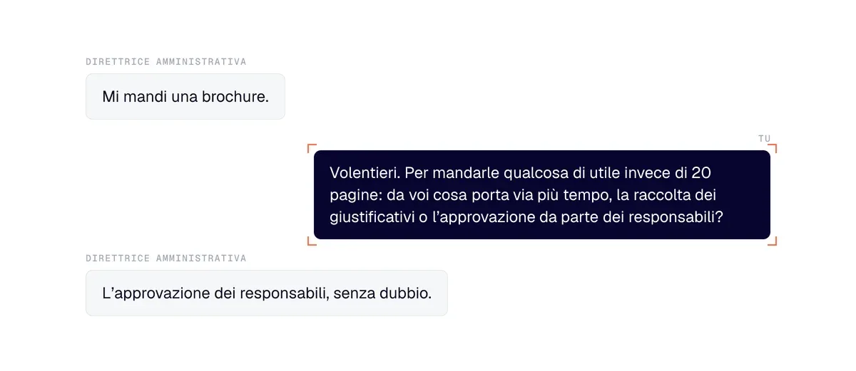 Esempio: a «Mi mandi una brochure» il commerciale accetta e fa una domanda facile; la prospect risponde