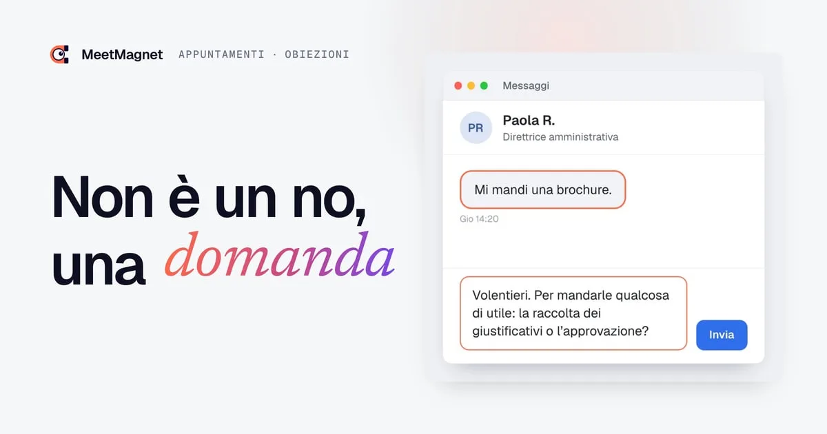 Esempio di messaggi: una prospect scrive «Mi mandi una brochure» e si scrive una risposta che finisce con una domanda
