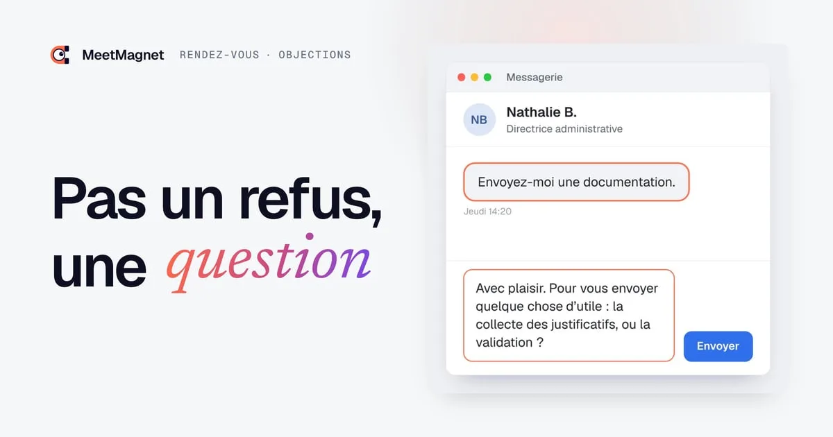Exemple de messagerie : une prospecte écrit « Envoyez-moi une documentation » et une réponse avec une question est en cours