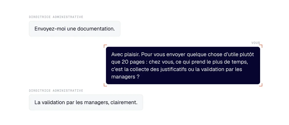 Exemple : à « Envoyez-moi une documentation », le commercial accepte et pose une question facile ; la prospecte répond