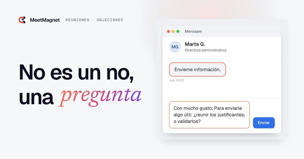 Ejemplo de mensajería: una prospecta escribe «Envíeme información» y se escribe una respuesta que acaba en pregunta