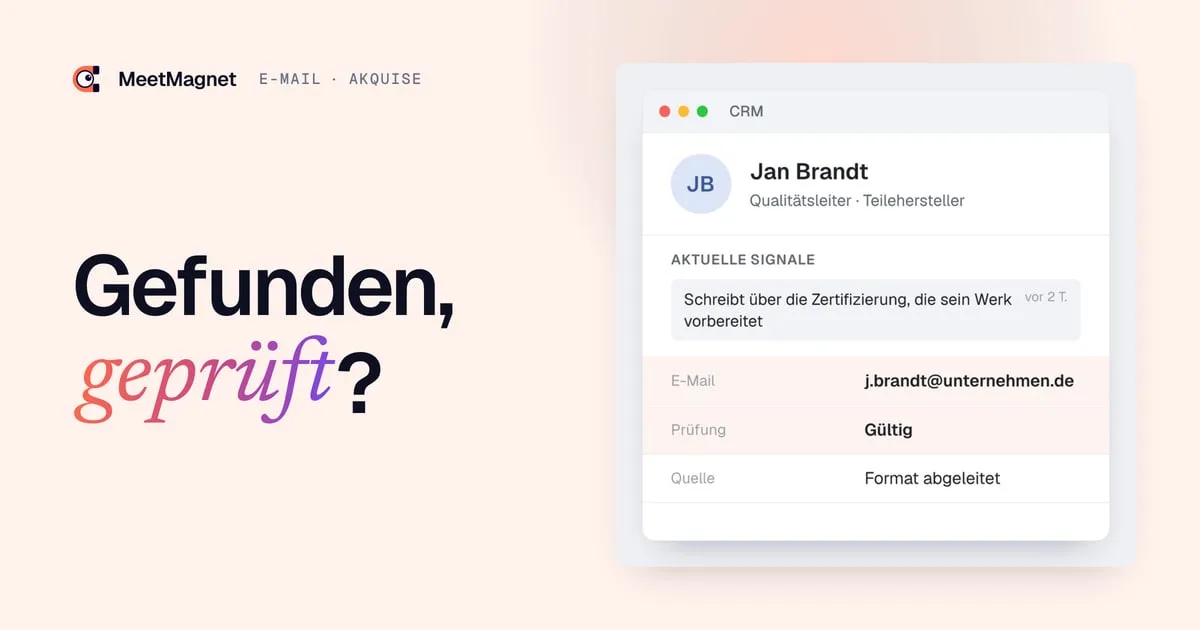 Beispiel eines Interessenten-Datensatzes: Die geschäftliche E-Mail-Adresse, aus dem Firmenformat abgeleitet, ist geprüft