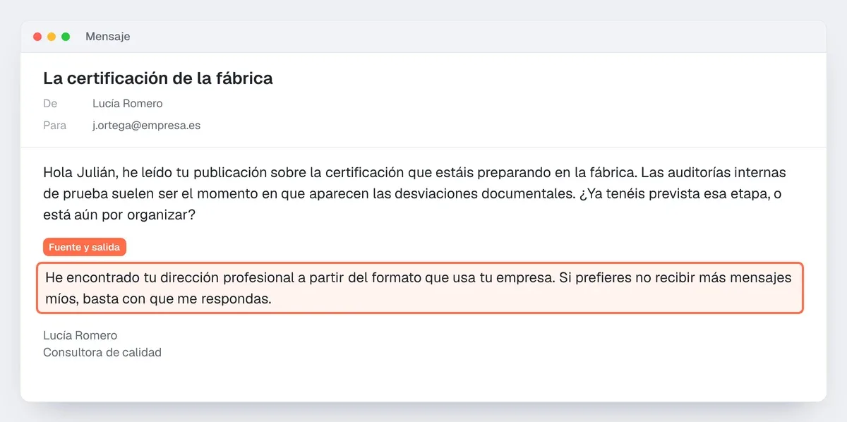 Ejemplo de primer email de prospección conforme: la línea que dice de dónde viene la dirección y cómo negarse, resaltada