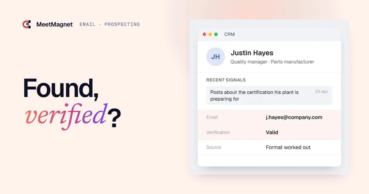Example of a prospect record: the work email address, worked out from the company's format, is verified