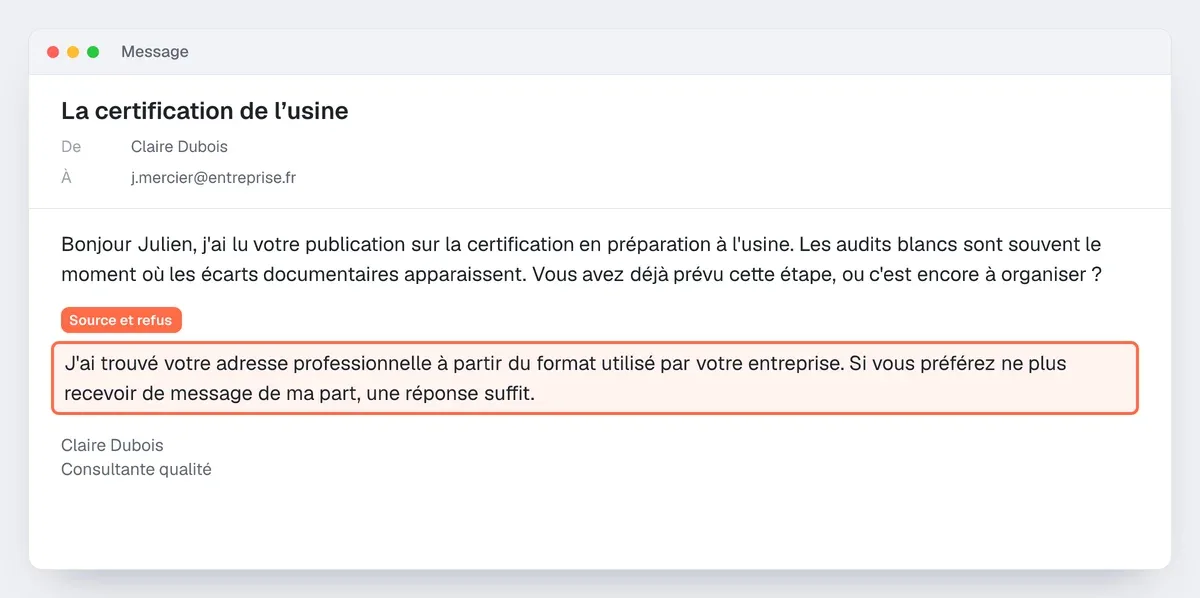 Exemple de premier email de prospection conforme : la ligne qui dit d'où vient l'adresse et comment refuser est surlignée