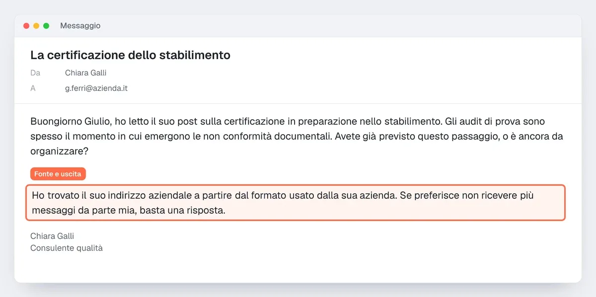 Esempio di prima email di prospezione conforme: la riga che dice da dove viene l'indirizzo e come rifiutare è evidenziata