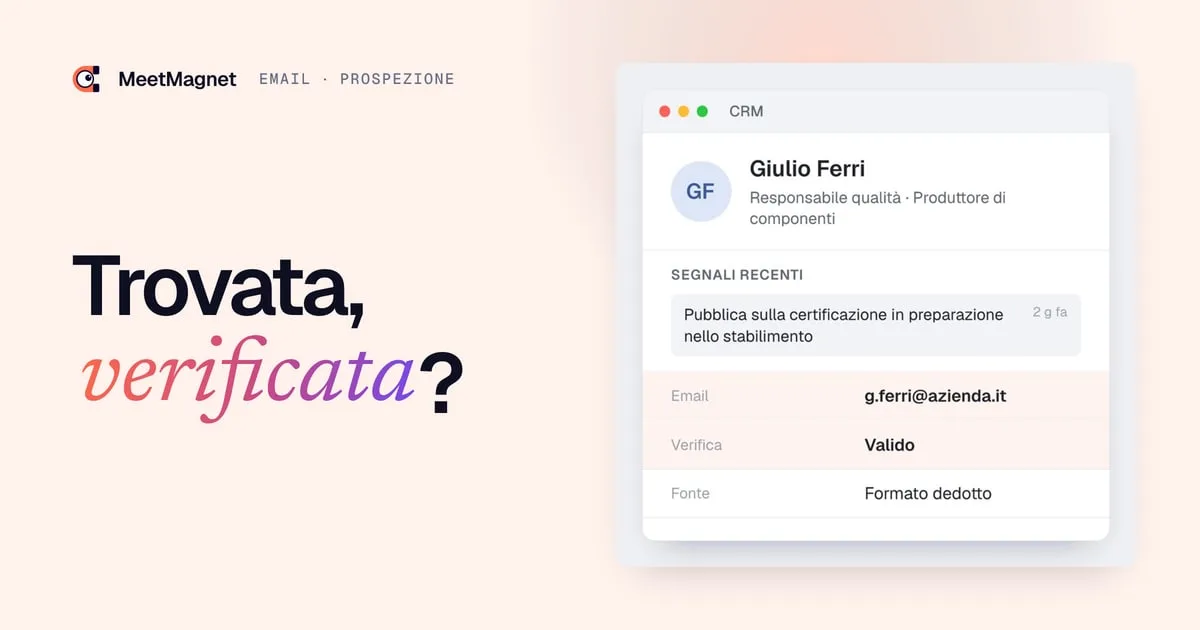 Esempio di scheda prospect: l'indirizzo email aziendale, dedotto dal formato dell'azienda, è verificato