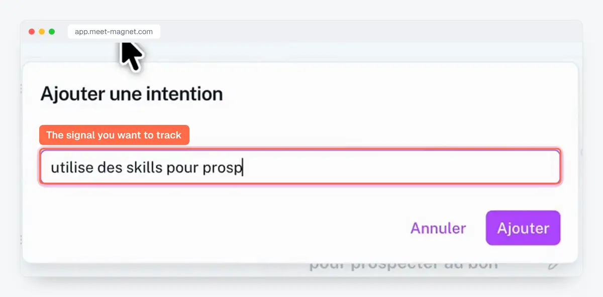 Screenshot of the MeetMagnet app (in French): adding a buying intent, the signal it will track every day