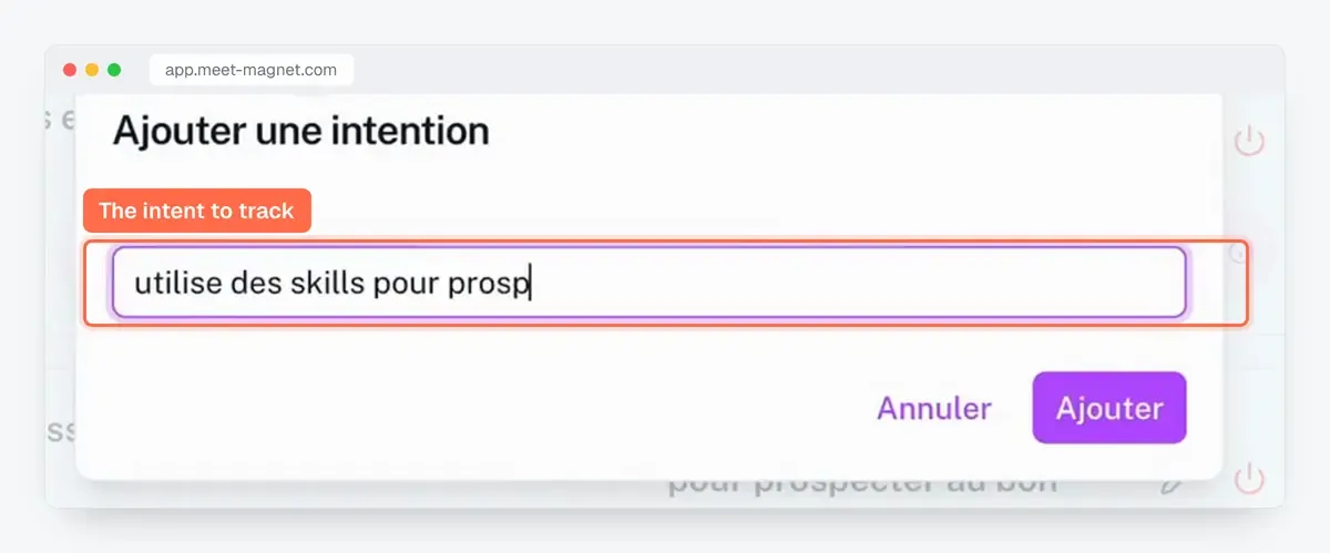 Screenshot of the MeetMagnet app: adding a buying intent to track on LinkedIn