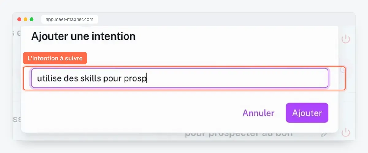 Capture de l'app MeetMagnet : ajouter une intention d'achat à suivre sur LinkedIn